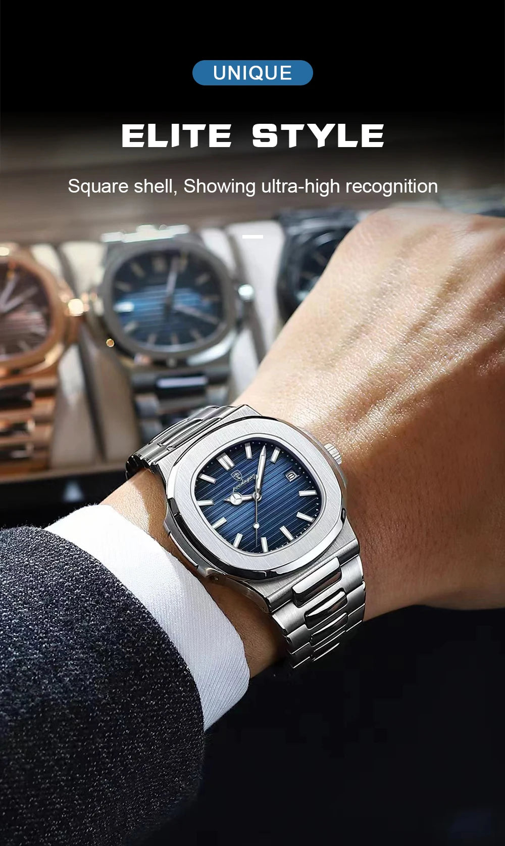 POEDAGAR Classic Blue Watch Business Waterproof Male Clock Luminous Date Stainless Steel Square Quartz Men Watch reloj hombre