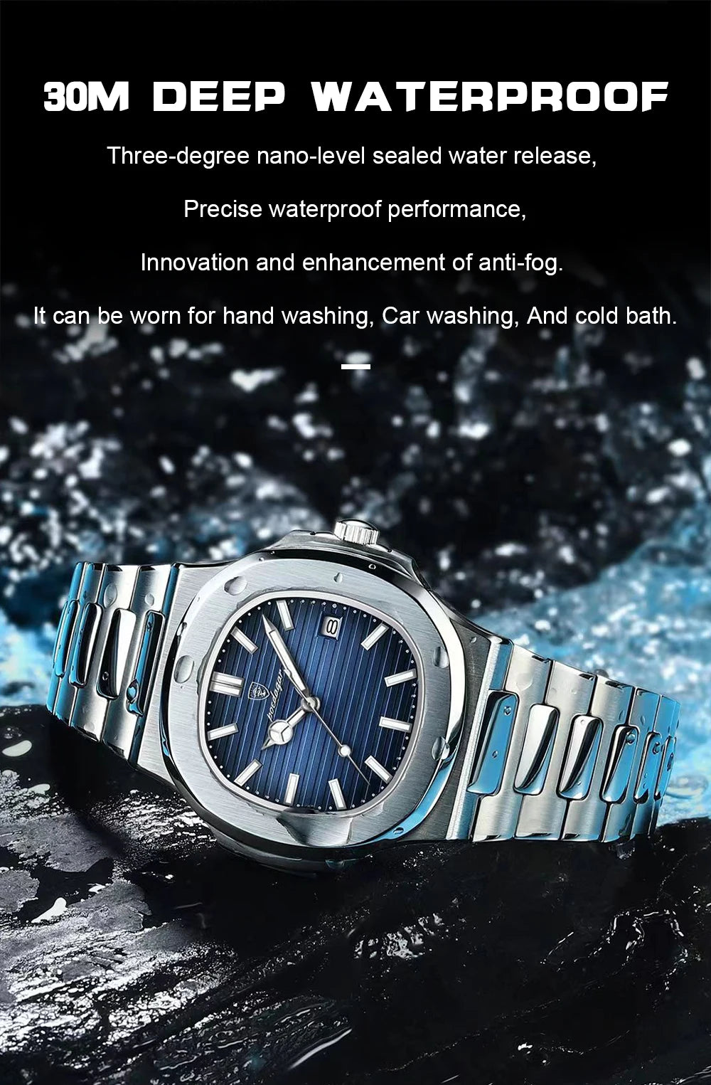 POEDAGAR Classic Blue Watch Business Waterproof Male Clock Luminous Date Stainless Steel Square Quartz Men Watch reloj hombre